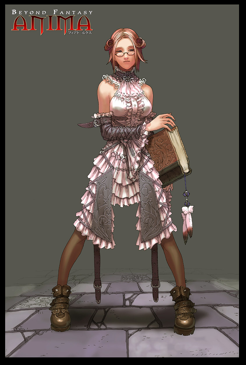 anima book dress feathers glasses highres short_hair solo wen-m