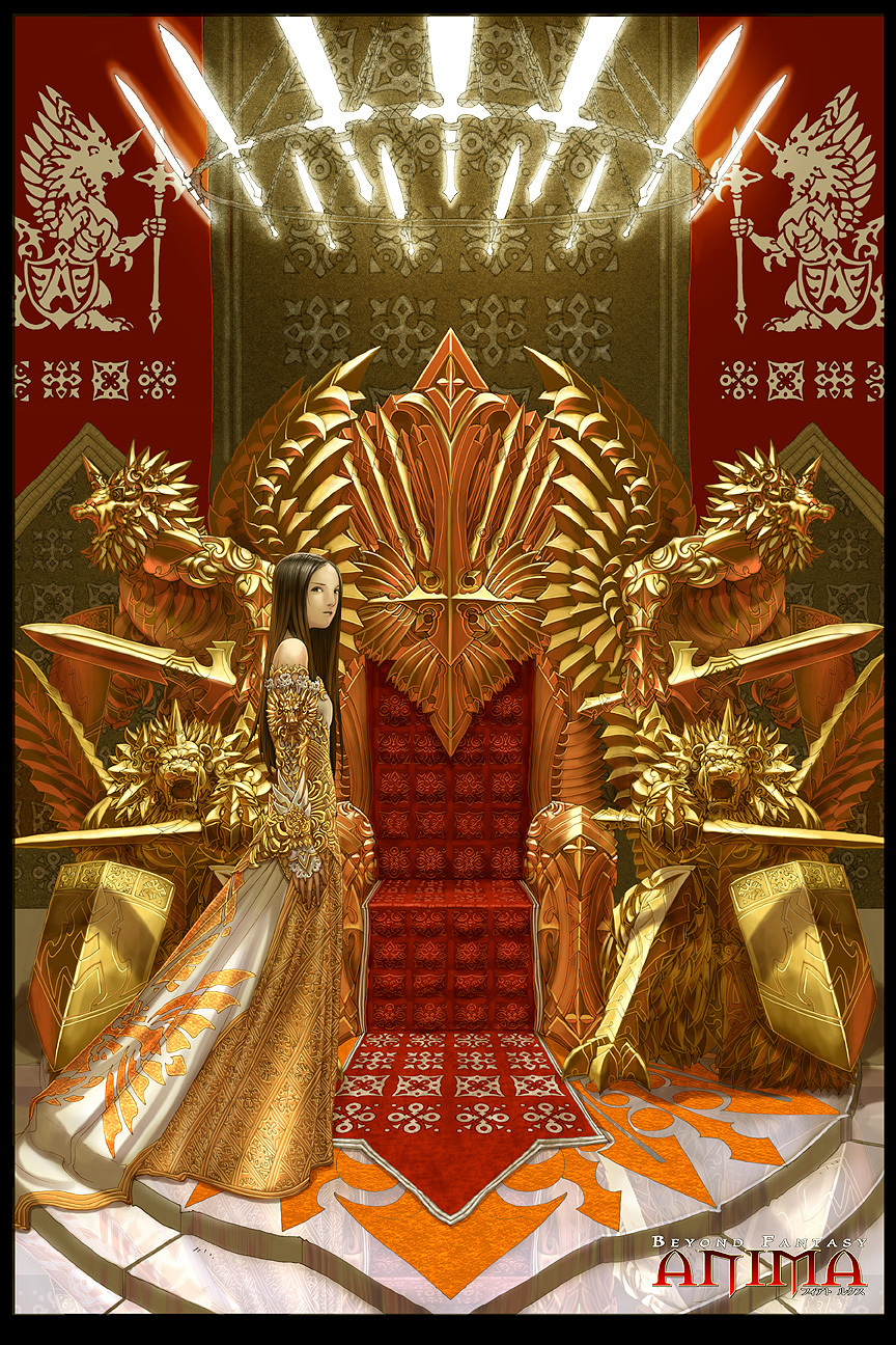 anima brown_hair dress gloves gold highres long_hair statue throne wen-m
