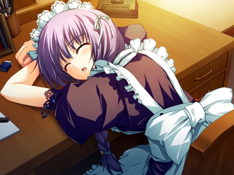 akatsuki_no_goei braid closed_eyes desk maid purple_hair saliva sleeping solo tomose_shunsaku tsuki_(akatsuki_no_goei)