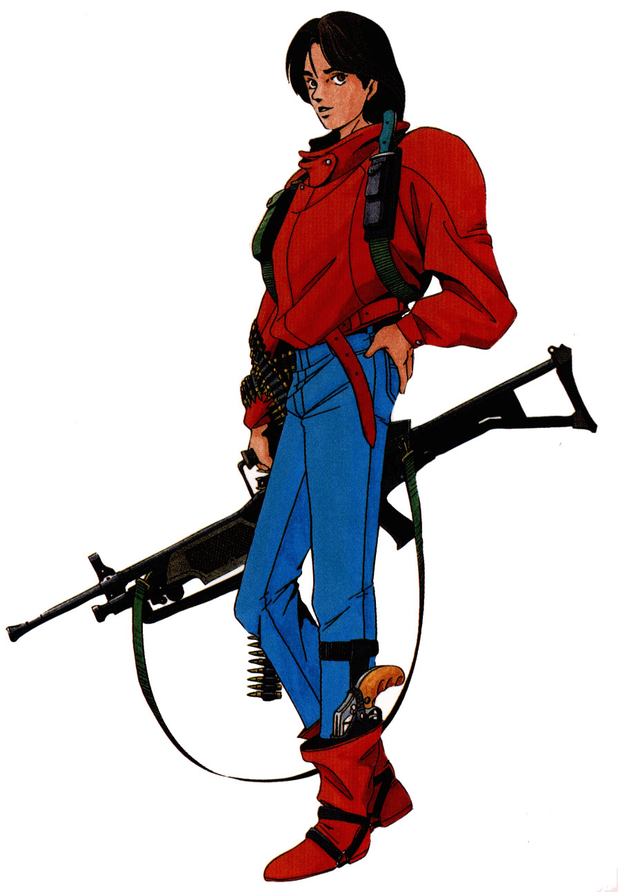 90s black_hair boots brown_eyes bullet denim full_body gun hand_on_hip highres jacket jeans kazuma_kaneko male_focus official_art pants rifle shin_megami_tensei shin_megami_tensei_i solo standing weapon white_background yuji_(shin_megami_tensei)