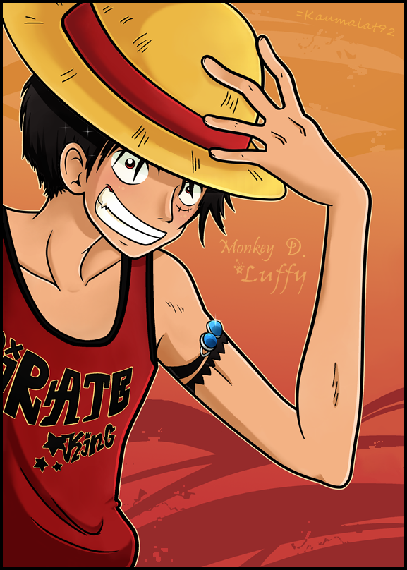 1boy armband black_hair character_name hand_on_hat hand_on_headwear hat kaumalat92 looking_at_viewer male male_focus monkey_d_luffy one_piece pirate red_shirt scar shirt smile solo straw_hat