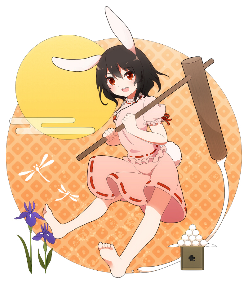 60mai :d animal_ears bad_id bad_pixiv_id barefoot black_hair bug bunny_ears bunny_tail carrot carrot_necklace dragonfly egasumi flower food full_body full_moon hammer inaba_tewi insect iris_(flower) mallet mochi moon open_mouth puffy_sleeves red_eyes ribbon-trimmed_clothes ribbon_trim short_hair short_sleeves smile solo tail touhou wagashi
