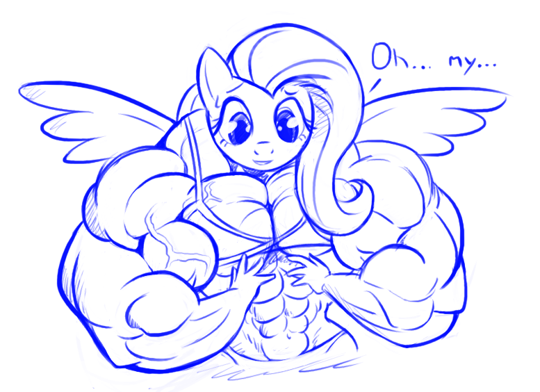 abs anthro anthrofied biceps bodybuilder breasts clothed clothing dialog dialogue doctorplaid equine female flat_chested fluttershy_(mlp) friendship_is_magic hair inks mammal mane monochrome muscles muscular_female my_little_pony pegasus plain_background sketch skimpy solo text white_background wings
