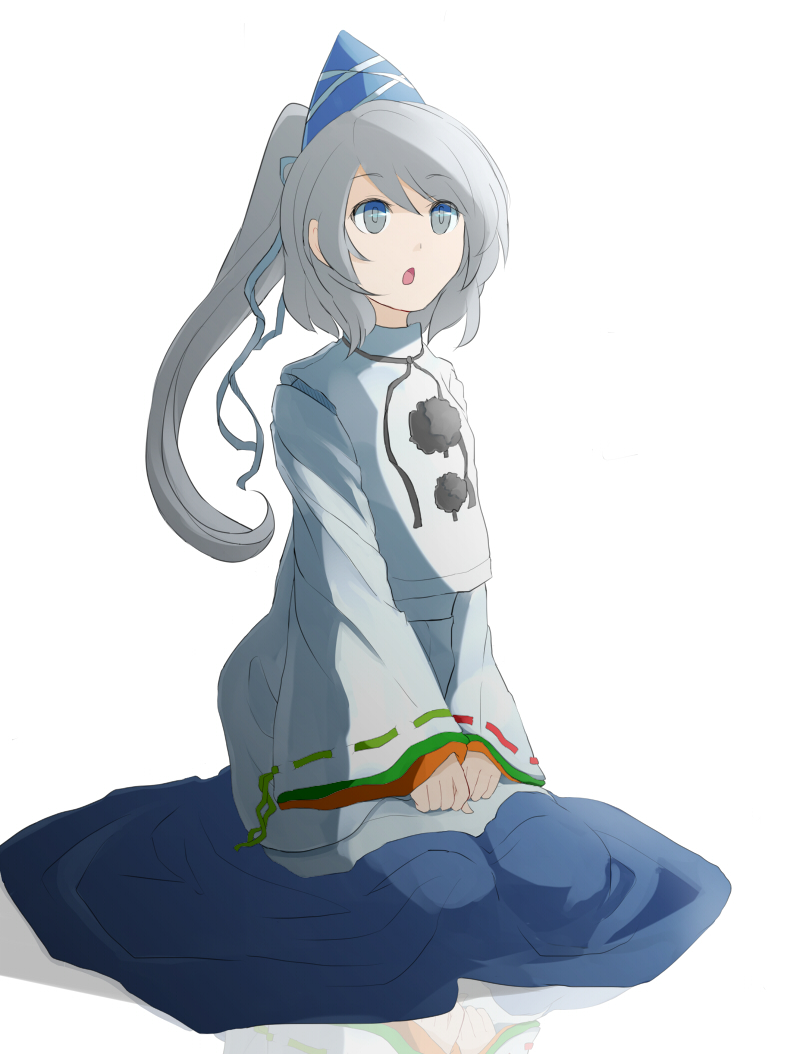 60mai bad_id bad_pixiv_id detached_sleeves hat japanese_clothes kariginu long_hair mononobe_no_futo open_mouth seiza silver_eyes silver_hair sitting solo tate_eboshi touhou white_background wide_sleeves