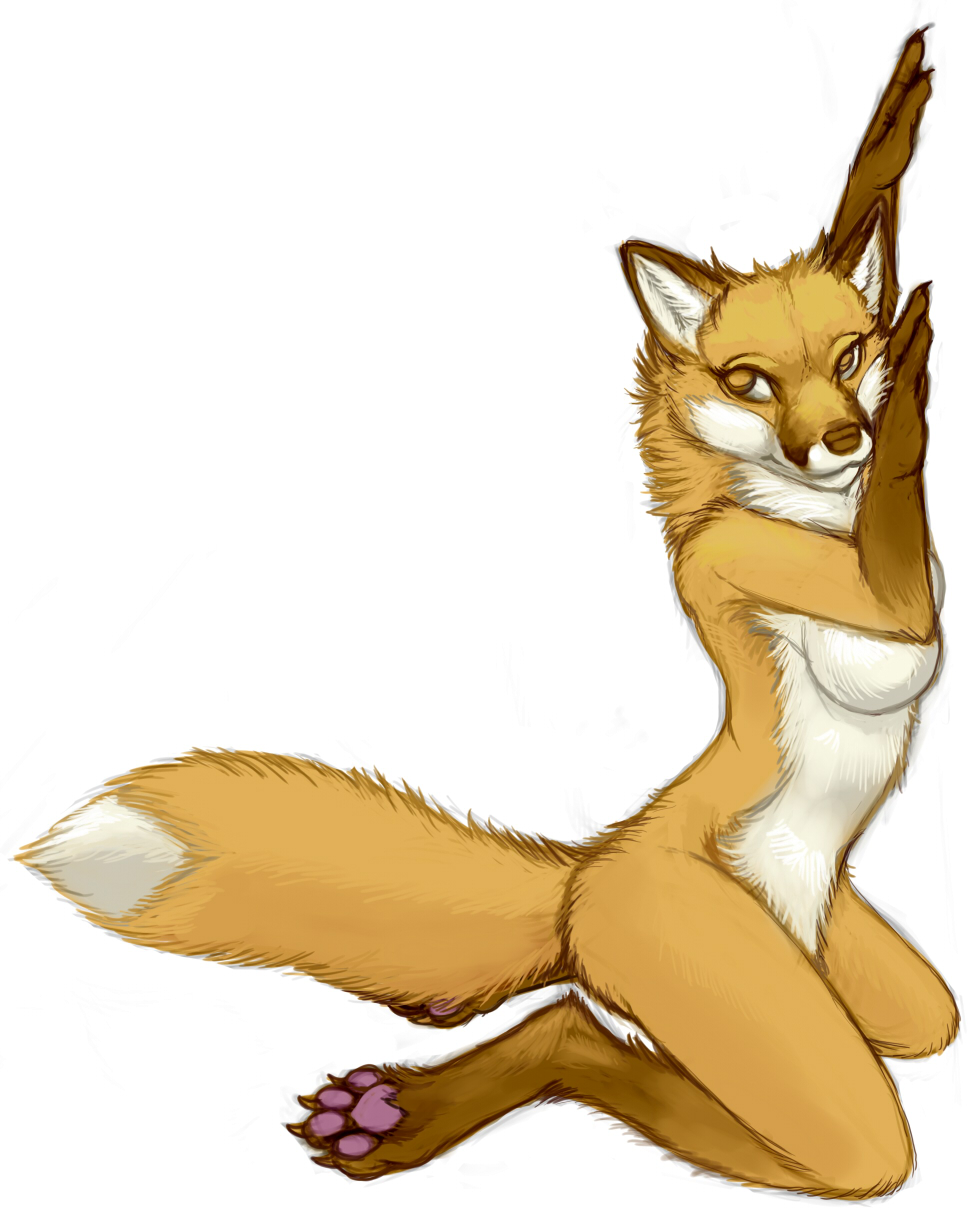 against_wall anthro breasts brown_eyes brown_fur canine claws digitigrade female fox fur hindpaw kneeling looking_at_viewer mammal nude paws pinup pira plain_background pose side_boob soles solo toes white_background