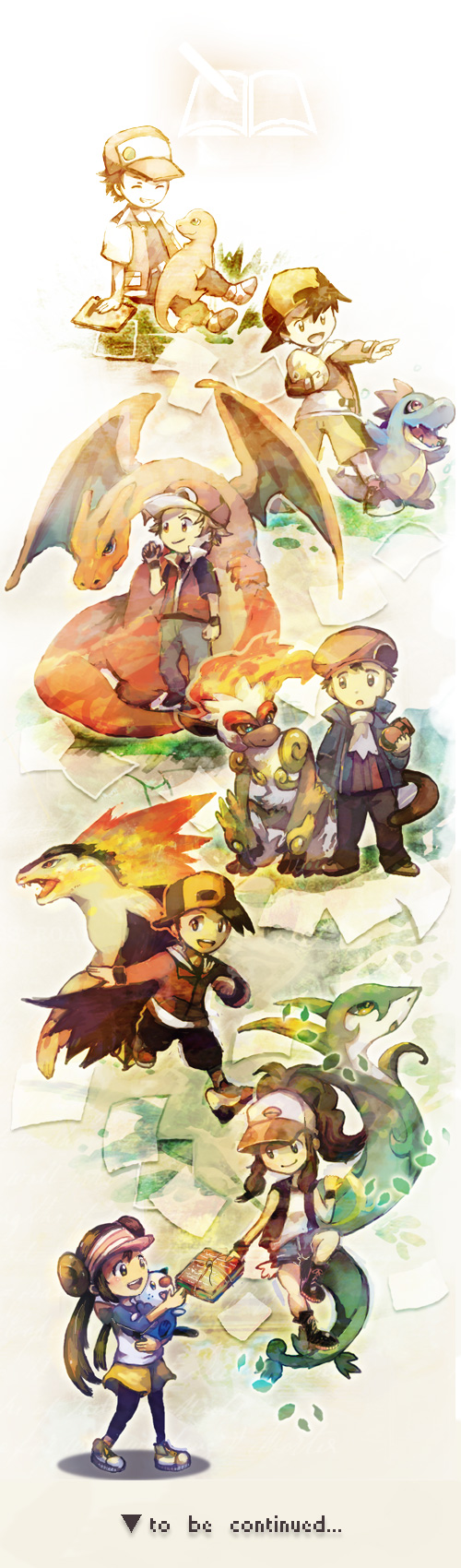 5boys backwards_hat bad_id bad_pixiv_id baseball_cap book charizard charmander coat croconaw egg english gen_1_pokemon gen_2_pokemon gen_4_pokemon gen_5_pokemon gold_(pokemon) hat highres holding holding_book holding_egg holding_pokedex infernape kouki_(pokemon) long_image mei_(pokemon) multiple_boys multiple_girls oshawott pantyhose paper pokemon pokemon_(creature) pokemon_(game) pokemon_bw pokemon_bw2 pokemon_dppt pokemon_frlg pokemon_gsc pokemon_hgss pokemon_platinum pokemon_rgby red_(pokemon) red_(pokemon_frlg) red_(pokemon_rgby) serperior sin_(hitonatsu) tall_image touko_(pokemon) typhlosion winter_clothes