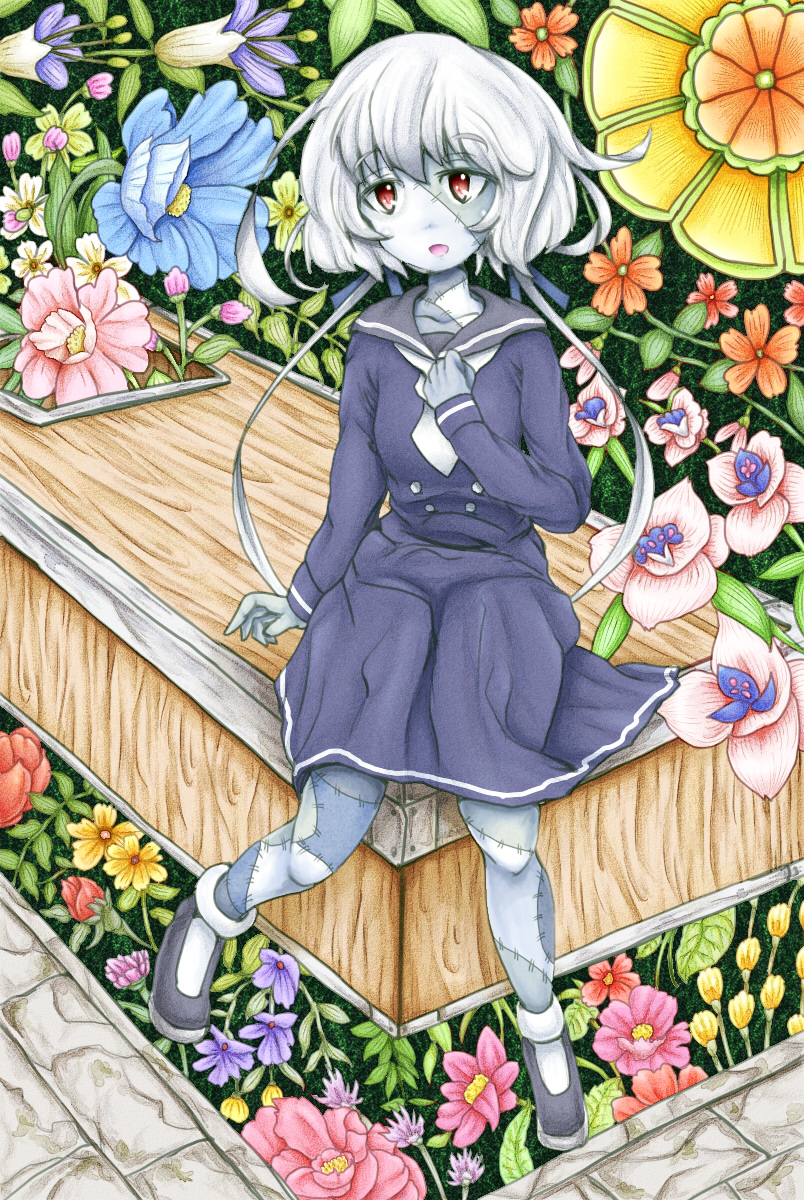 1girl black_footwear blue_serafuku blue_skin coffin commentary_request flower hand_on_own_chest highres konno_junko looking_at_viewer low_twintails neckerchief open_mouth patchwork_skin red_eyes school_uniform serafuku sitting sitting_on_object solo stone_floor twintails white_hair white_neckwear ys_(ytoskyoku-57) zombie zombie_land_saga