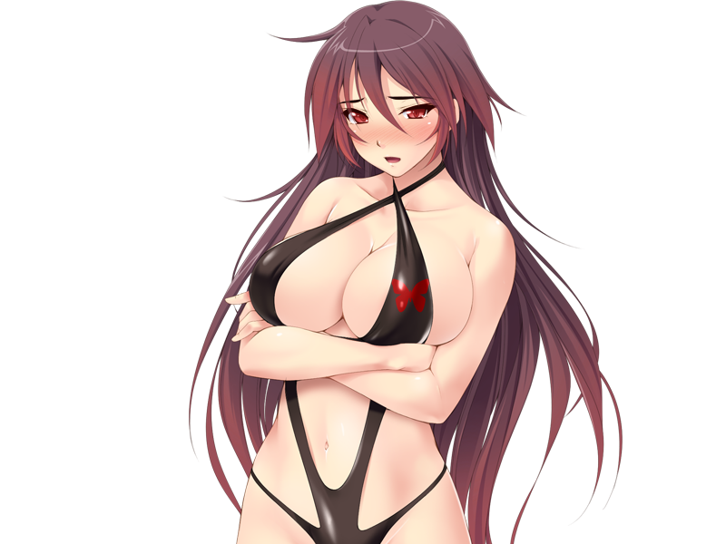 1girl blush breast_hold breasts crossed_arms ishii_akira kimomen_demo_kyokon_nara_mizugi_gal_to_ria_juu_na_natsu_ga_sugoseru! large_breasts miel miel_(company) simple_background sling_bikini solo swimsuit