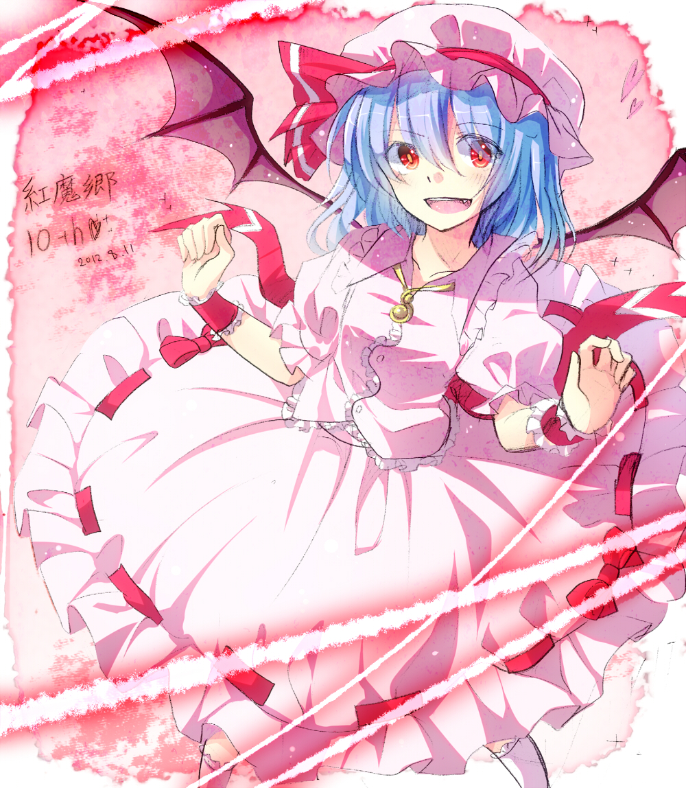 bat_wings blue_hair blush fang fuuna_(conclusion) hat hat_ribbon open_mouth puffy_sleeves red_eyes remilia_scarlet ribbon short_hair short_sleeves solo touhou wings wrist_cuffs
