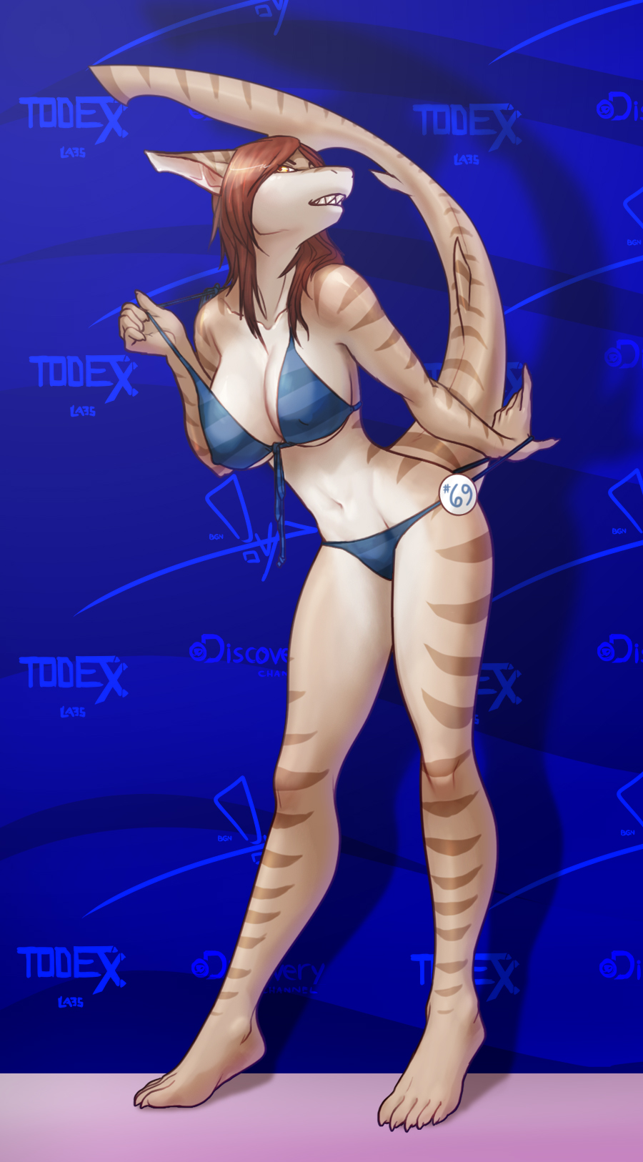 5_toes anthro big_breasts bikini breasts brown_body brown_hair clothed clothing erect_nipples female fish hair hindpaw huge_breasts marine nipples paws piranhapettingzoo plain_background plantigrade red_hair riptideshark shark skimpy solo standing stripes swimsuit syrena teeth tiger_shark toes
