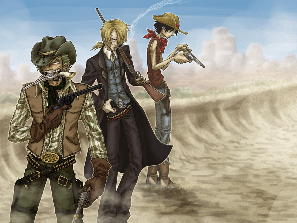 3boys alternate_costume bandanna belt black_hair blonde_hair blue_sky bolo_tie boots cigarette cowboy_hat denim dual_wielding earrings gloves green_hair gun hair_over_one_eye hat hat_over_one_eye holster jeans jewelry male male_focus monkey_d_luffy mouth_hold multiple_boys one_piece outdoors pants red_vest revolver roronoa_zoro sanji scenery shirt sky smoking straw_hat striped striped_shirt syb triple_wielding vest weapon western