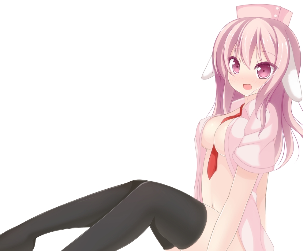 :d animal_ears between_breasts black_legwear blush breasts chimunge hat long_hair medium_breasts open_clothes open_mouth original pink_eyes pink_hair simple_background smile solo thighhighs white_background