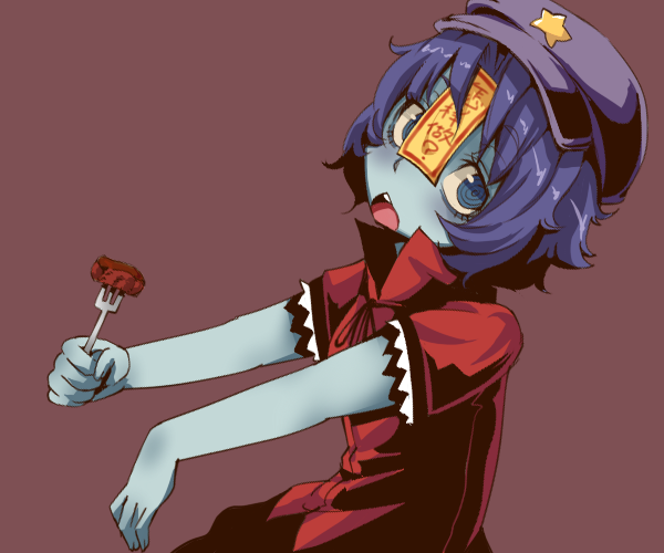 @_@ bad_id bad_pixiv_id beret blue_eyes blue_hair blue_skin chinese_clothes expressive_clothes food fork hat hosoi_kouzou meat miyako_yoshika open_mouth outstretched_arms short_hair solo star touhou zombie_pose