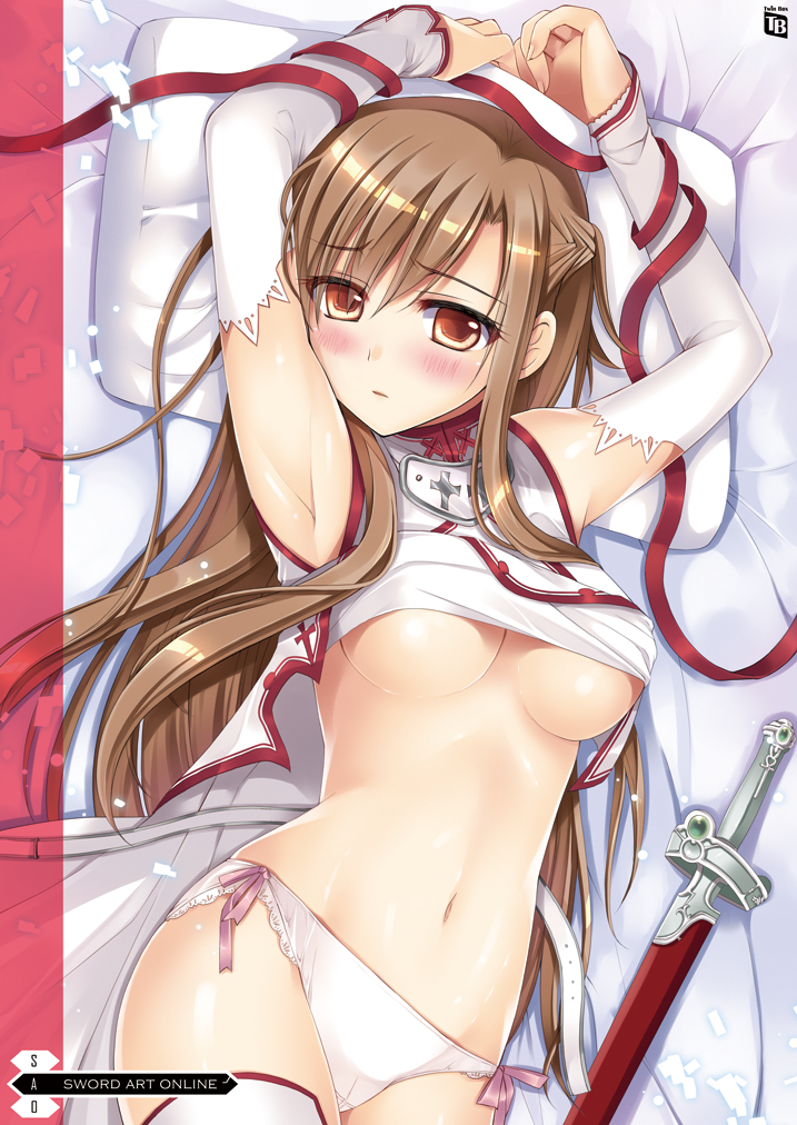 armpits arms_up asuna_(sao) blush breasts brown_eyes brown_hair cover cover_page long_hair looking_at_viewer lying medium_breasts navel on_back panties pillow ribbon shiny shiny_skin side-tie_panties solo sousouman sword sword_art_online thighhighs underboob underwear weapon white_legwear white_panties