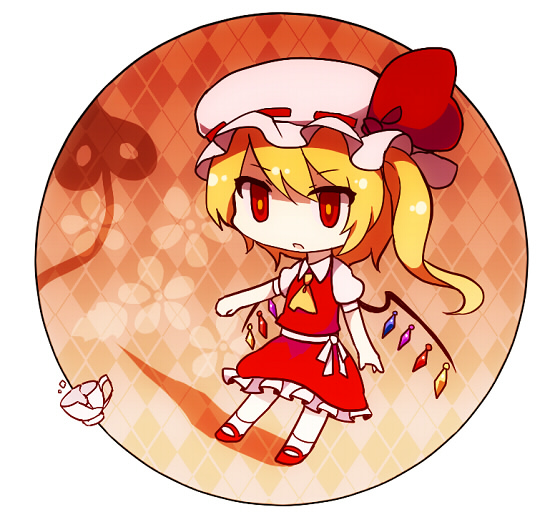 60mai ascot bad_id bad_pixiv_id blonde_hair crystal cup flandre_scarlet hat hat_ribbon laevatein open_mouth puffy_sleeves red_eyes ribbon short_hair short_sleeves side_ponytail solo teacup touhou wings