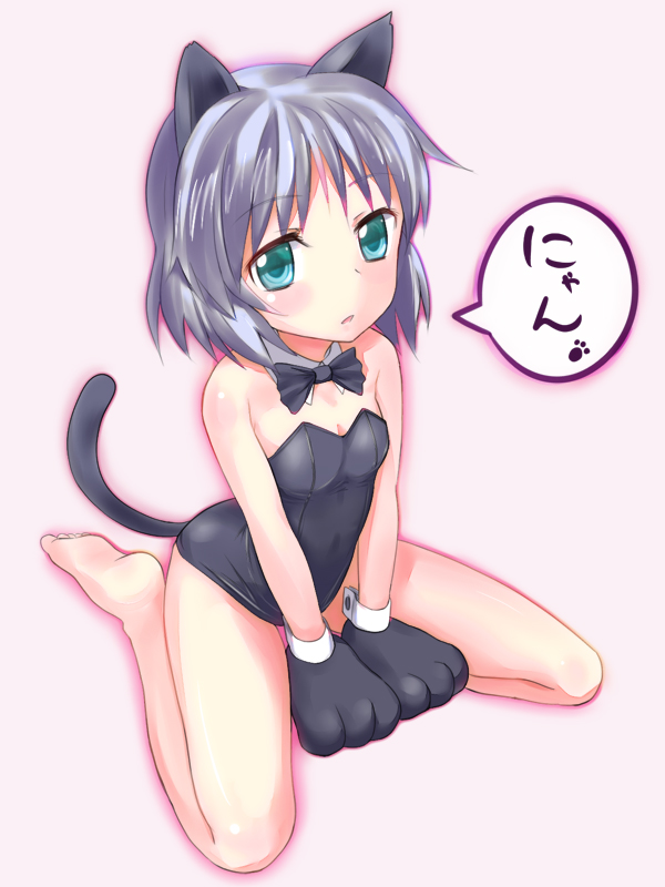 alternate_costume animal_ears aqua_eyes barefoot cat_ears cat_paws cat_tail fudama grey_hair nyan paws sanya_v_litvyak sitting solo strike_witches tail wariza world_witches_series