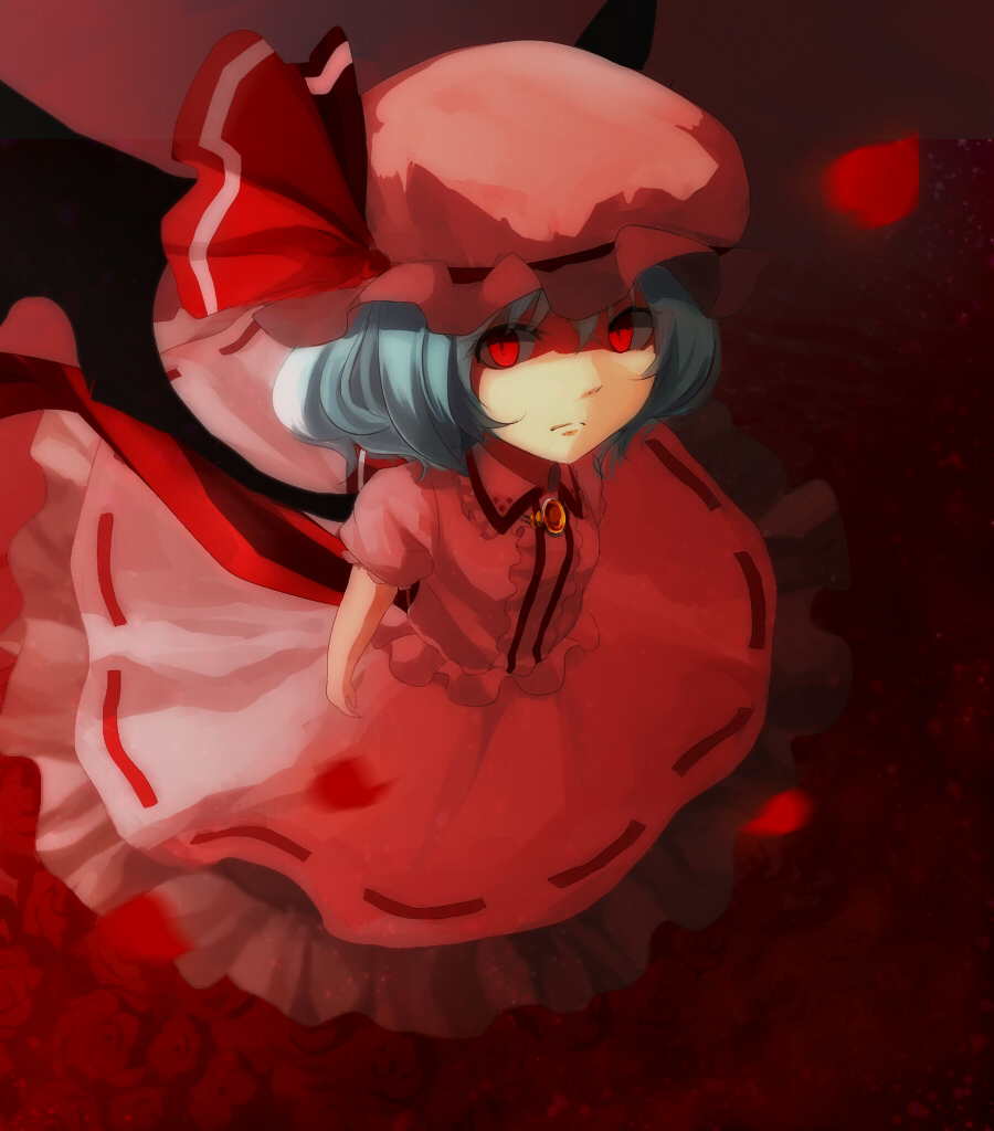 60mai bad_id bad_pixiv_id bat_wings blue_hair hat hat_ribbon jewelry petals puffy_sleeves red_eyes remilia_scarlet ribbon short_hair short_sleeves solo touhou wings