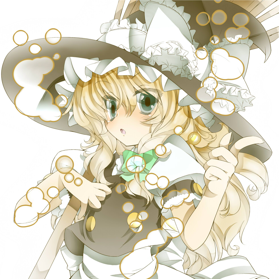 asuku_(69-1-31) bad_id bad_pixiv_id blonde_hair blush bow braid broom colorized gotou_nao green_hair hair_bow hat hat_bow kirisame_marisa long_hair open_mouth puffy_sleeves short_sleeves side_braid single_braid solo touhou white_bow witch_hat