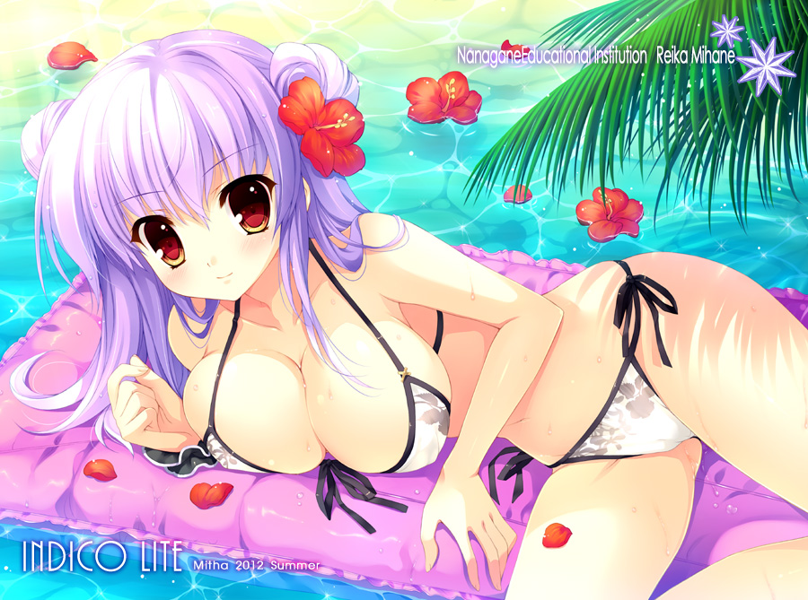 2012 artist_name bikini blush breasts cameltoe cleavage cover cover_page floral_print flower front-tie_top hair_flower hair_ornament hibiscus large_breasts long_hair looking_at_viewer lying mihane_reika mitha nanagane_educational_institution on_side petals print_bikini purple_hair raft red_eyes side-tie_bikini smile solo swimsuit water