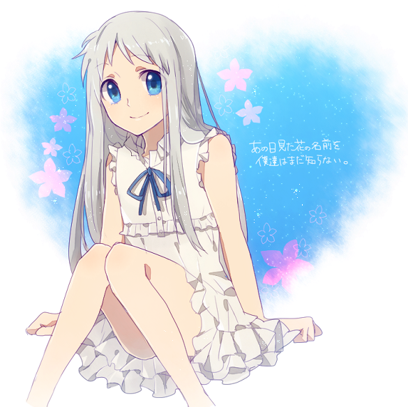 ano_hi_mita_hana_no_namae_wo_bokutachi_wa_mada_shiranai. blue_eyes dress honma_meiko long_hair pocky1202 silver_hair sitting sleeveless sleeveless_dress