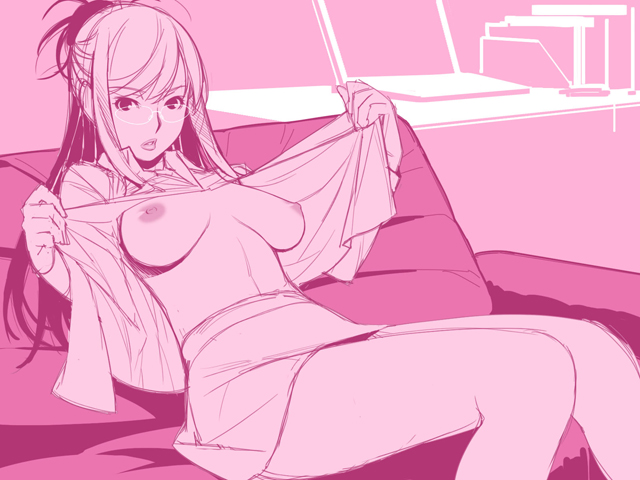 breasts breasts_apart glasses ino kisaragi_rei large_breasts lips monochrome nipples no_bra open_clothes otome_function parted_lips pink ponytail sitting solo undressing