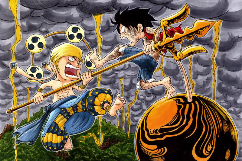 2boys bangle barefoot black_hair bracelet chibi earrings electricity enel fight fighting gold jewelry lightning male male_focus monkey_d_luffy multiple_boys one_piece rubber sash sceney skypiea storm topless torn_clothes weapon