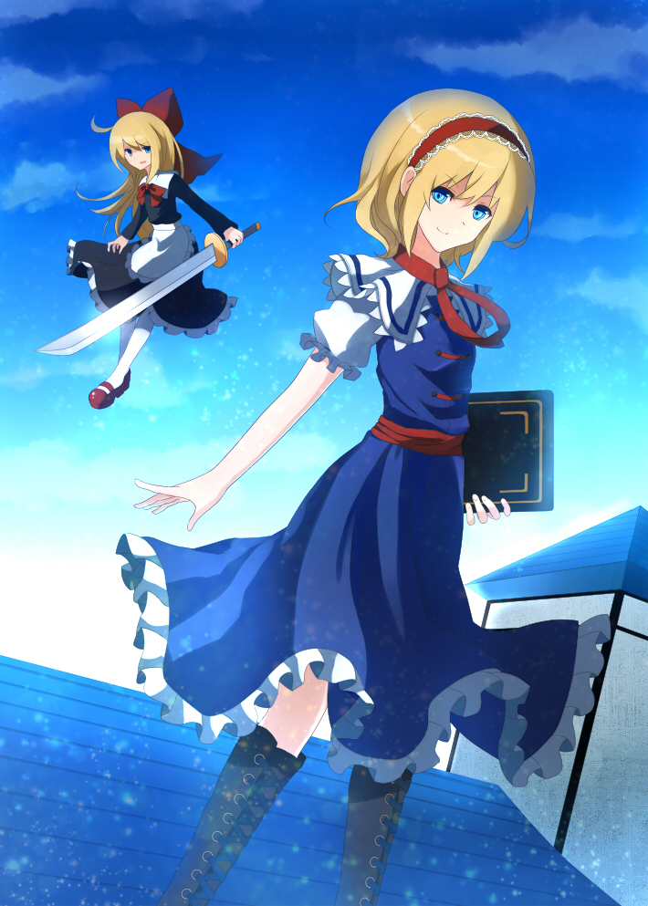 60mai alice_margatroid apron bad_id bad_pixiv_id blonde_hair blue_eyes book bow capelet cloud cross-laced_footwear doll hair_bow hairband long_hair open_mouth puffy_sleeves shanghai_doll short_hair short_sleeves sky smile solo sword touhou weapon