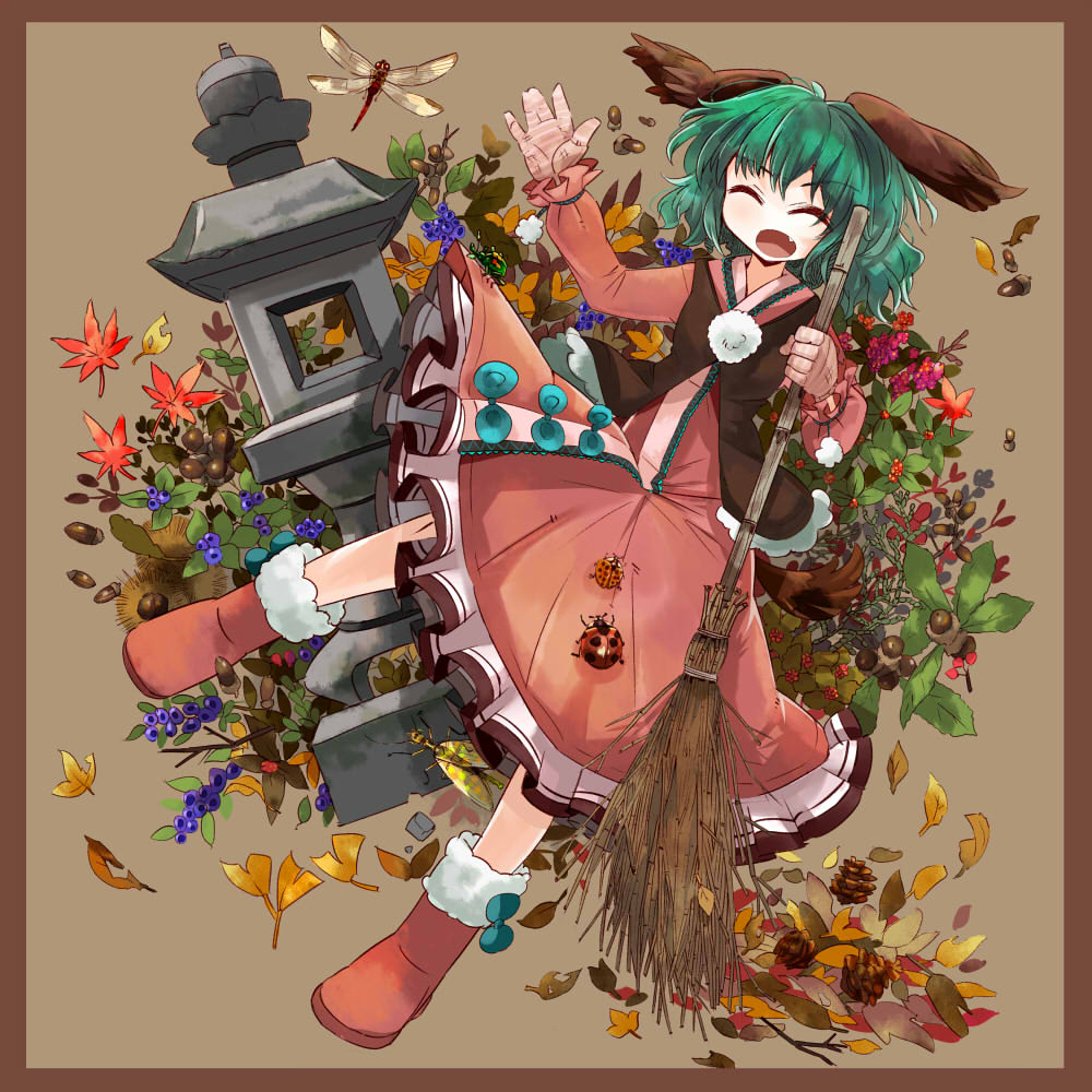 ^_^ ^o^ acorn animal_ears autumn_leaves bad_id bad_pixiv_id bamboo_broom berries boots border broom brown_background brown_border bug chestnut closed_eyes dog_ears dog_tail dragonfly dress fang frilled_dress frills full_body fur-trimmed_boots fur_trim ginkgo_leaf gloves green_hair hand_up holding holding_broom insect kasodani_kyouko ladybug leaf legs_apart long_sleeves maple_leaf open_mouth pinecone pom_pom_(clothes) red_dress red_footwear short_hair solo stone_lantern tail touhou uma_(ninjin_misaki) vest wild_and_horned_hermit