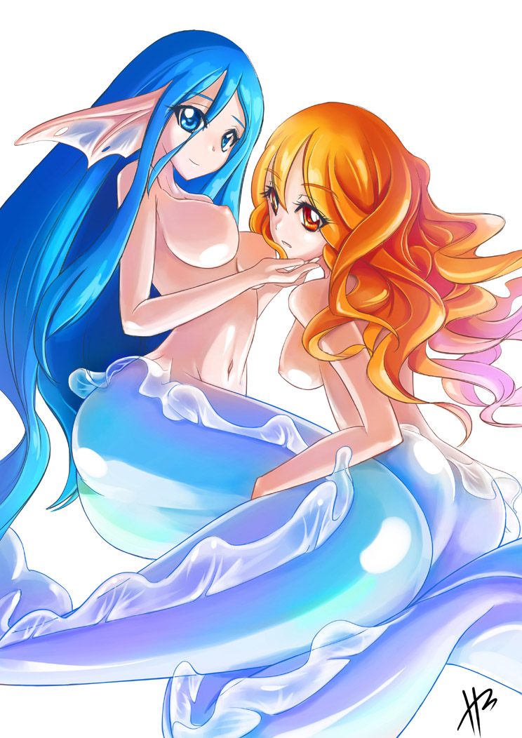 2girls blue_eyes blue_hair breasts hm_(hmongt) long_hair mermaid monster_girl multiple_girls nipples orange_eyes orange_hair original phandit_thirathon smile yuri