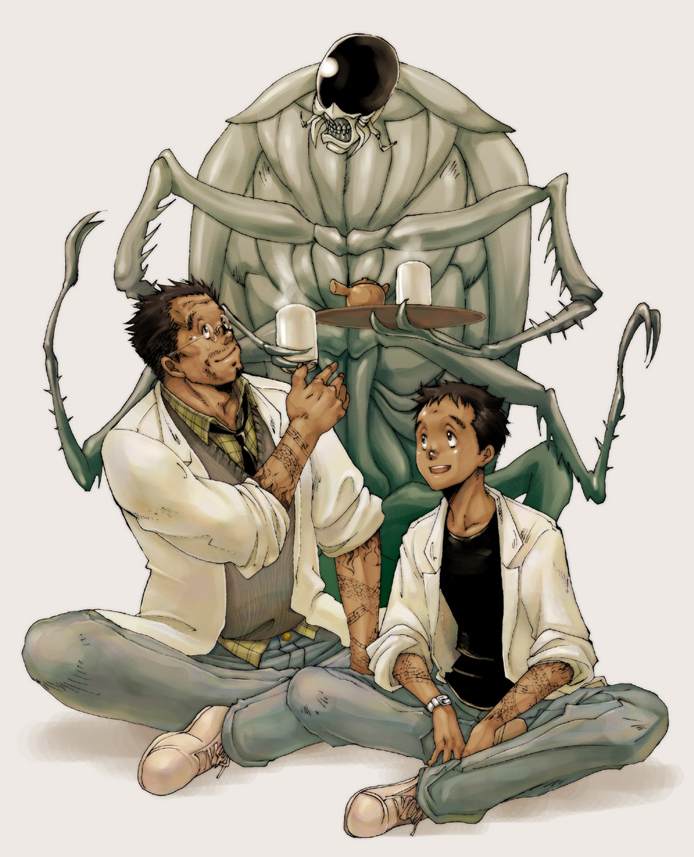 ballpoint_pen_(medium) beard belt black_eyes black_hair buckle bug cockroach cup dark_skin dark_skinned_male dorohedoro dual_persona facial_hair glasses highres indian_style insect johnson_(dorohedoro) kasukabe_(dorohedoro) labcoat male_focus mixed_media multiple_boys necktie simple_background sitting sleeves_rolled_up smile smoke tattoo teacup teapot time_paradox traditional_media tray watch wristwatch younger
