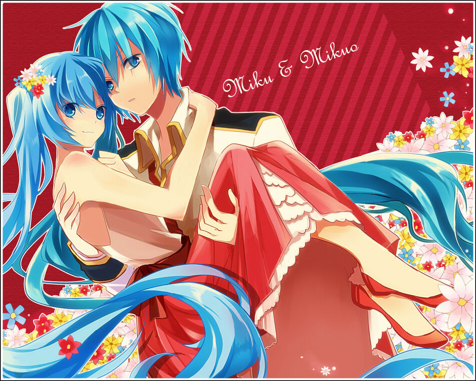 1girl bad_id bad_pixiv_id bare_shoulders blue_eyes blue_hair carrying couple dress flower genderswap genderswap_(ftm) hair_flower hair_ornament hatsune_miku hatsune_mikuo hetero long_hair princess_carry red_dress short_hair smile t_miyanagi twintails vocaloid