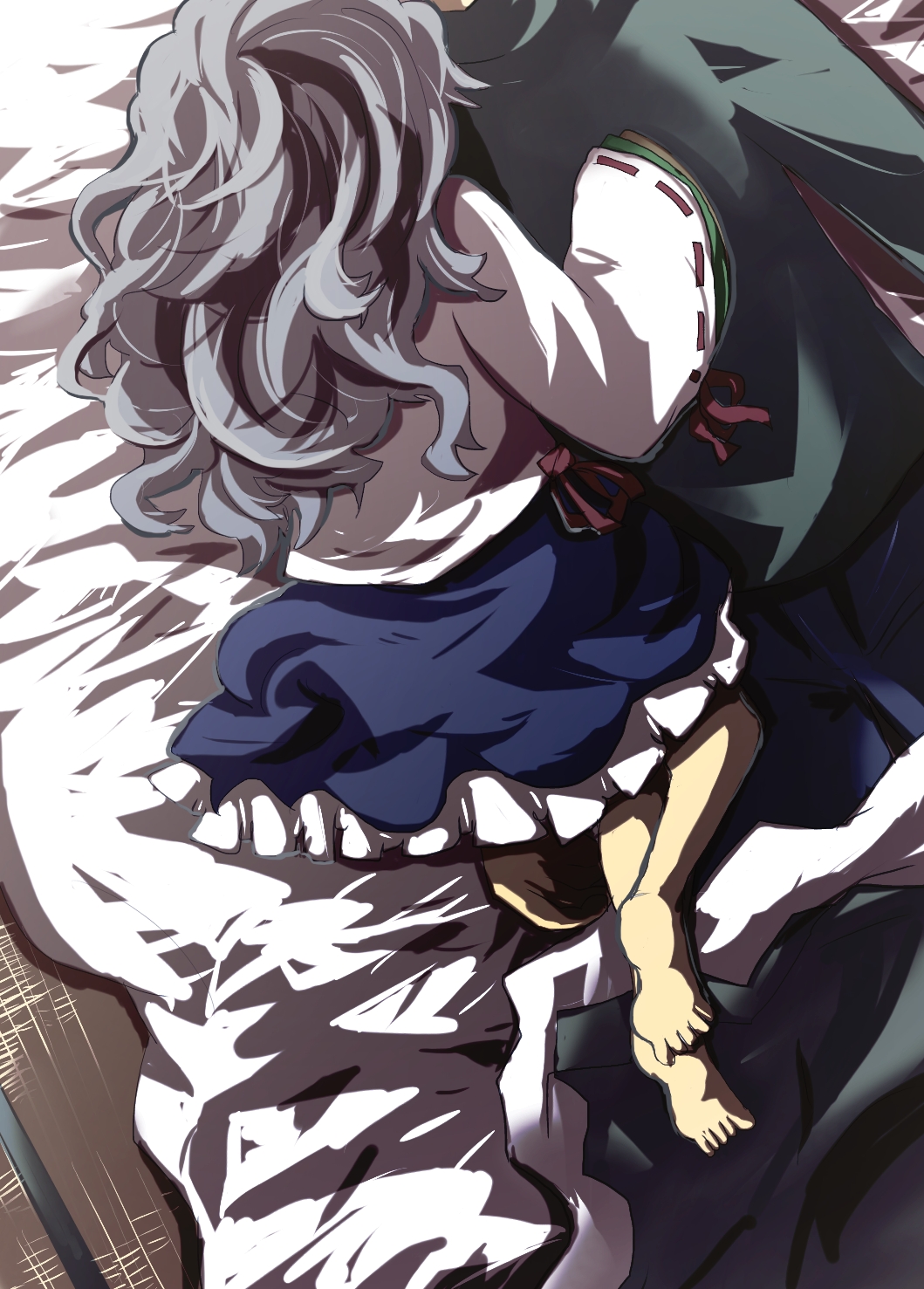 1girl barefoot bed commentary facing_away gaoo_(frpjx283) grey_hair head_out_of_frame hetero highres japanese_clothes kariginu long_hair mononobe_no_futo no_hat no_headwear skirt spooning touhou