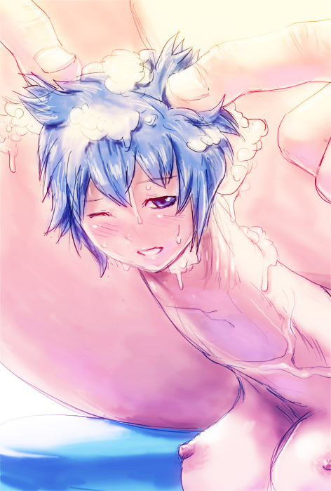 ball1000 ball1000_(artist) blue_hair blush breasts hair installation_failed nipples penis penis_creature shampoo size_difference what what_has_science_done what_what_what