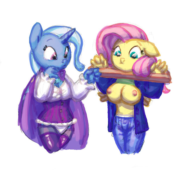 anthrofied bdsm blue_fur bondage bound breasts cape carnifex clothed clothing duo equine female fluttershy_(mlp) friendship_is_magic fur green_eyes hair horn mammal my_little_pony nipples panties pegasus pink_hair plain_background purple_eyes siansaar trixie_(mlp) two_tone_hair underwear unicorn white_background wings