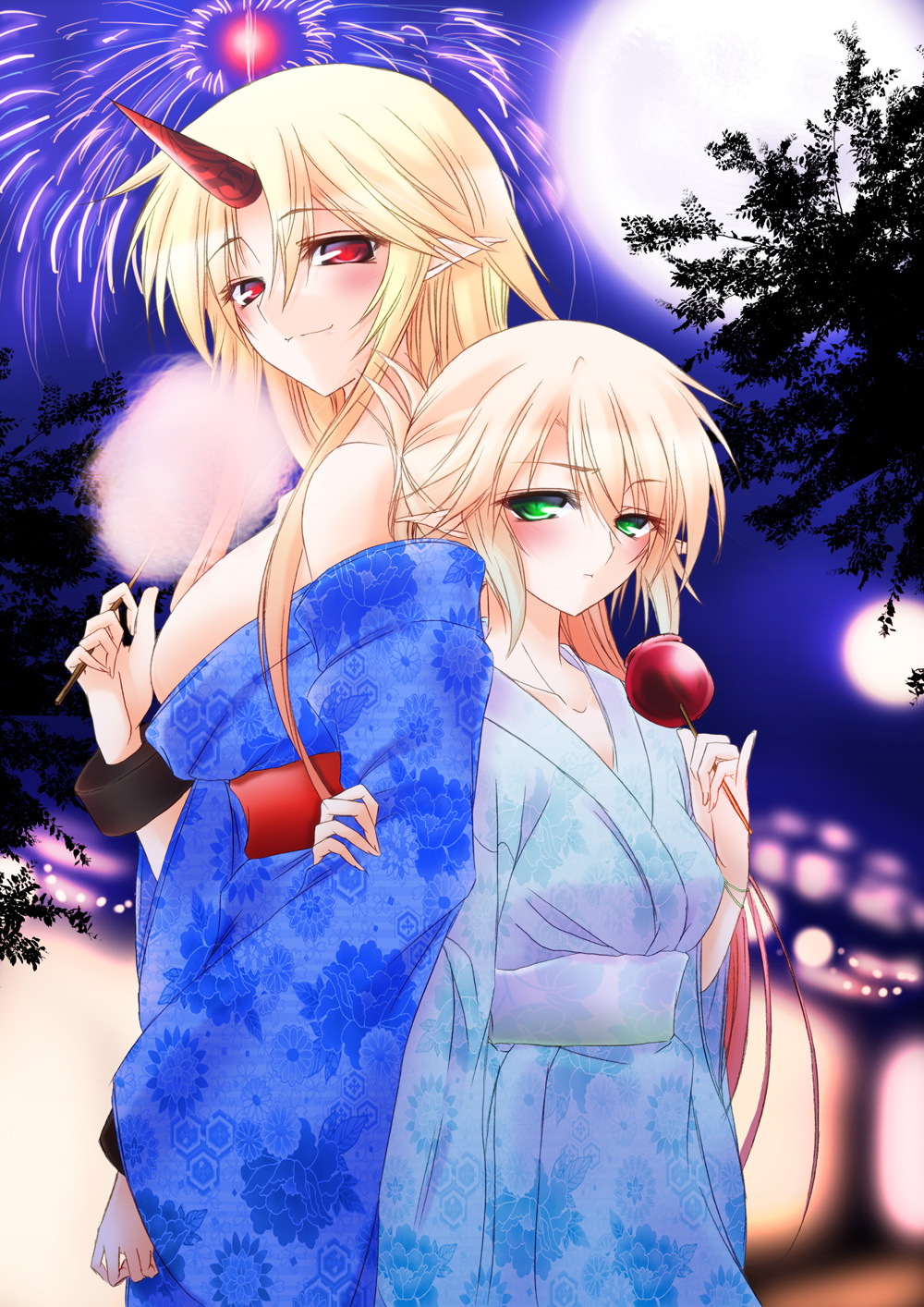 alternate_costume arm_grab back-to-back blonde_hair blush breasts candy_apple collarbone cotton_candy cuffs fireworks floral_print food full_moon green_eyes hazuki_kasane highres horn hoshiguma_yuugi japanese_clothes kimono large_breasts lights long_hair looking_at_viewer mizuhashi_parsee moon multiple_girls night off_shoulder pointy_ears sash shackles short_hair sky smile touhou tree
