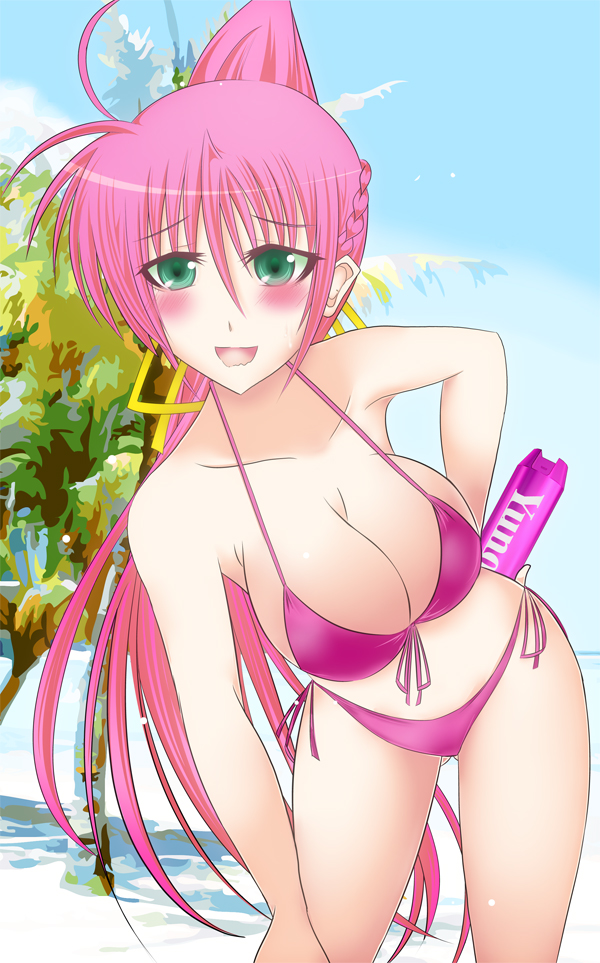 beach bikini blush braid breasts chelsea_masa cleavage day front-tie_top green_eyes high_ponytail holding large_breasts long_hair lyrical_nanoha mahou_shoujo_lyrical_nanoha mahou_shoujo_lyrical_nanoha_a's open_mouth pink_hair side-tie_bikini signum smile solo swimsuit very_long_hair