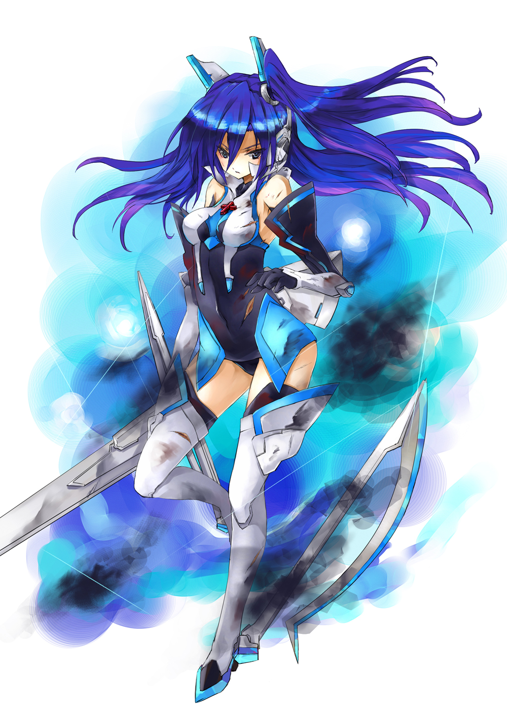 armor bangs bare_shoulders black_gloves blade blood bloody_clothes blue_eyes blue_hair boots covered_navel cross cuts dirty dirty_clothes elbow_gloves floating_hair full_body gloves gond gradient_hair greaves hair_between_eyes headgear headphones highres holding holding_weapon injury kazanari_tsubasa leg_lift leotard long_hair looking_at_viewer multicolored_hair one_side_up parted_lips purple_hair senki_zesshou_symphogear serious solo sword thigh_boots thighhighs torn_clothes vambraces weapon white_footwear white_legwear