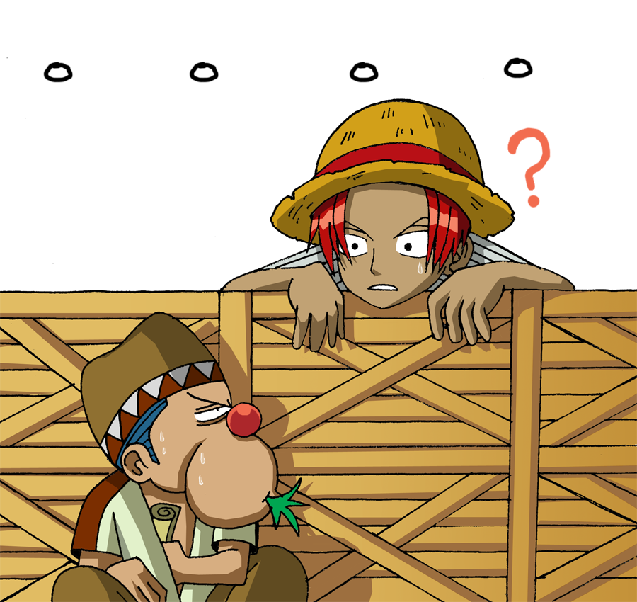 ... 2boys blue_hair box buggy_the_clown hat male male_focus multiple_boys one_piece paper red_hair shanks simple_background straw_hat young younger