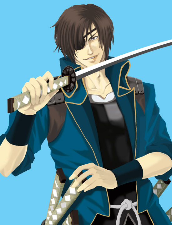 armor brown_hair date_masamune_(sengoku_basara) eyepatch katana lullva male_focus sengoku_basara solo sword weapon