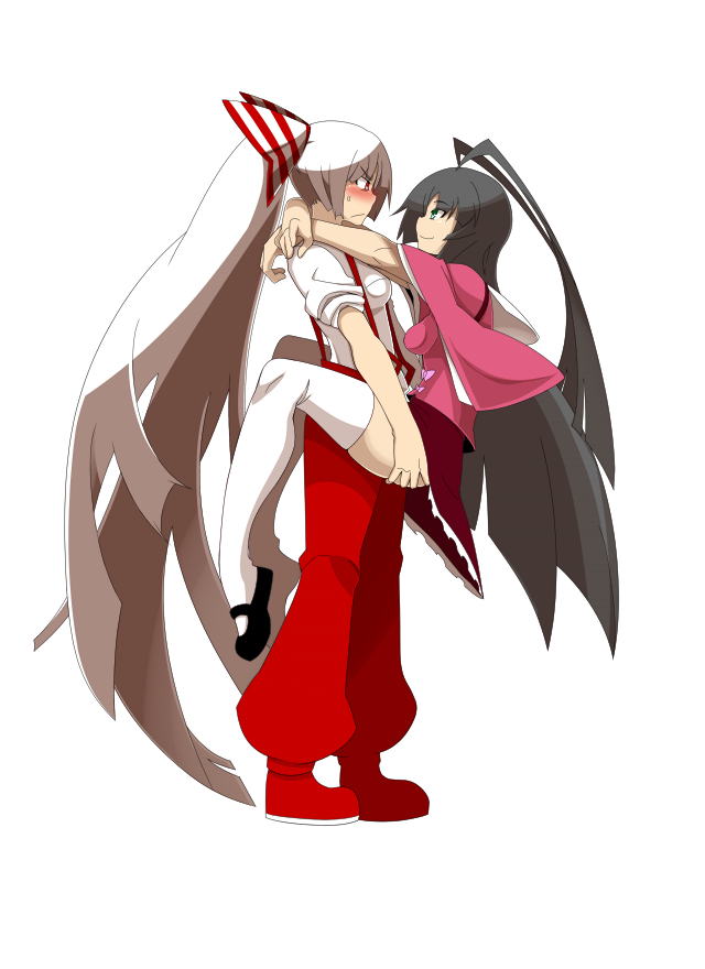 antenna_hair arms_around_neck black_hair blush carrying fujiwara_no_mokou green_eyes houraisan_kaguya long_hair multiple_girls red_eyes ribbon silver_hair skirt suspenders tamuhi thighhighs touhou very_long_hair yuri