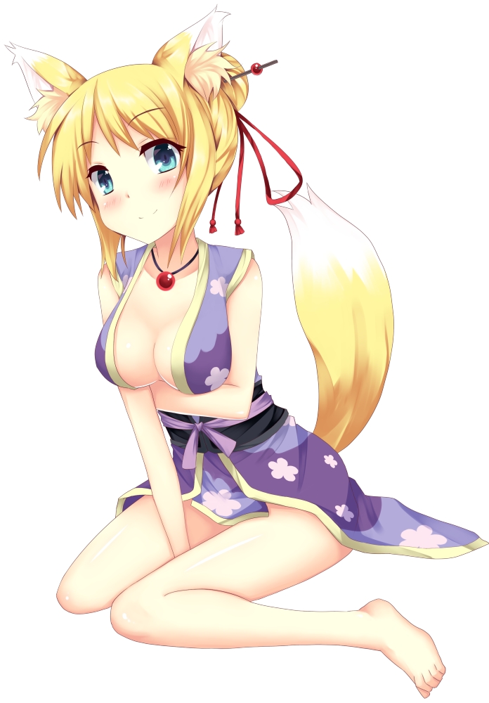 animal_ears bad_id bad_pixiv_id barefoot blonde_hair blue_eyes blush breasts cleavage dog_days fox_ears fox_tail full_body hair_ornament hair_stick looking_at_viewer medium_breasts short_hair simple_background sitting smile solo tail tail_raised wariza white_background yukikaze_panettone zen_o