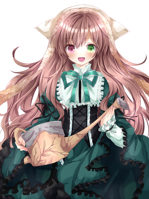 bad_id bad_pixiv_id blush brown_hair green_eyes head_scarf heterochromia long_hair long_sleeves nanase_nao open_mouth pink_eyes rozen_maiden solo suiseiseki very_long_hair watering_can wide_sleeves
