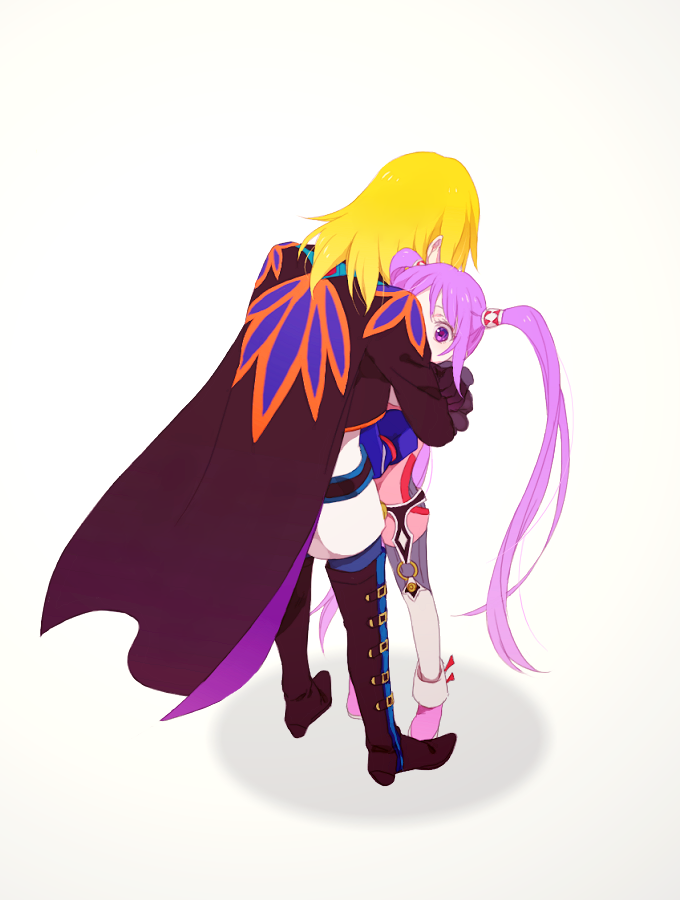 1girl bad_id bad_pixiv_id blonde_hair blush hirosuke_(psychexx) hug long_hair o-ring purple_hair richard_(tales) simple_background sophie_(tales) tales_of_(series) tales_of_graces twintails very_long_hair white_background
