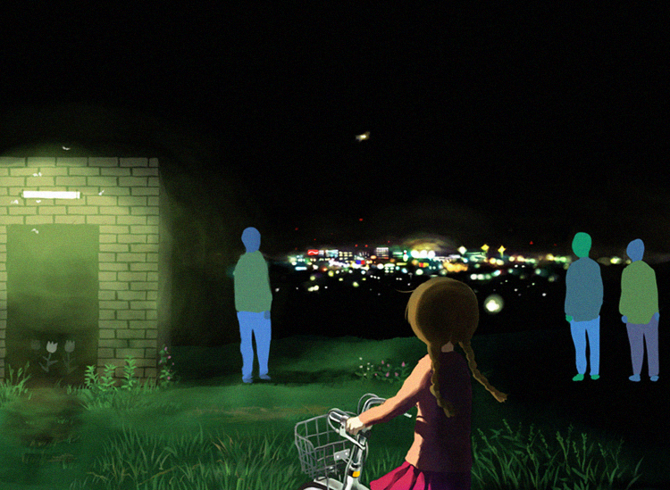 basket bicycle bicycle_basket braid brown_hair building city_lights cityscape door facing_away from_behind giba_ryan grass ground_vehicle madotsuki night outdoors pink_skirt pleated_skirt scenery skirt twintails yume_nikki