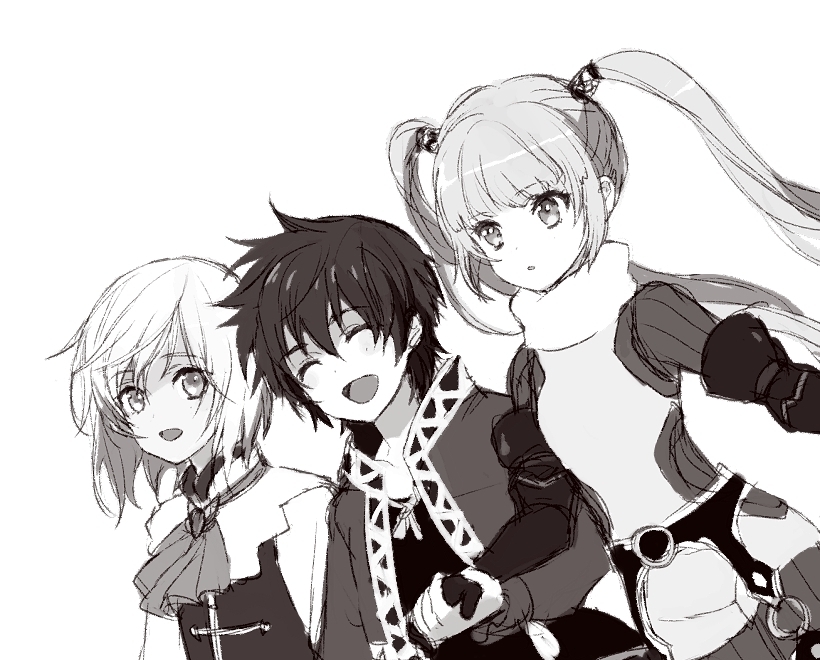 2boys asbel_lhant bad_id bad_pixiv_id closed_eyes hirosuke_(psychexx) holding_hands long_hair monochrome multiple_boys open_mouth richard_(tales) short_hair simple_background smile sophie_(tales) tales_of_(series) tales_of_graces twintails white_background