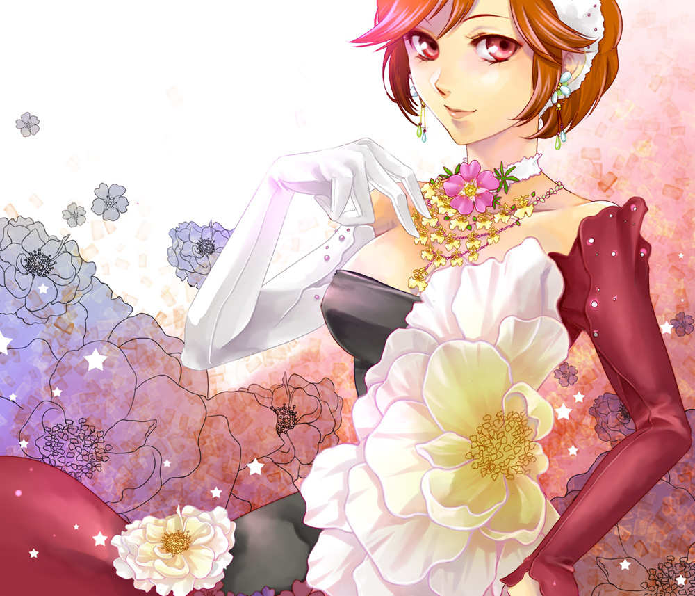 bad_id bad_pixiv_id brown_hair camellia choker earrings elbow_gloves flower gloves jewelry lipstick makeup meiko necklace red_eyes short_hair smile solo star toba_k vocaloid