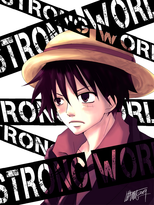1boy black_hair brown_eyes formal hat male male_focus monkey_d_luffy necktie one_piece one_piece:_strong_world red_shirt scar shirt solo straw_hat text