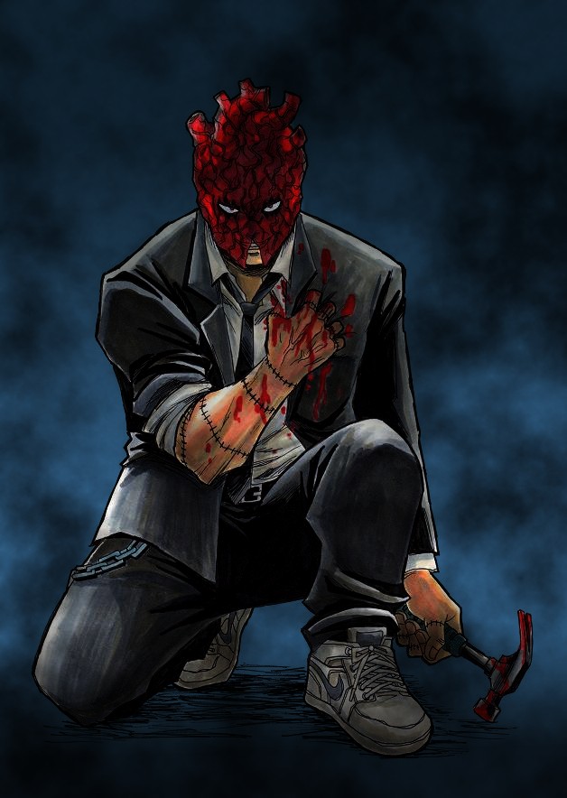 bad_id bad_pixiv_id belt blood buckle chain clenched_teeth dorohedoro formal glaring hammer heart_(organ) male_focus mask necktie one_knee scar shin_(dorohedoro) shoes sneakers solo suit teeth tuxedo