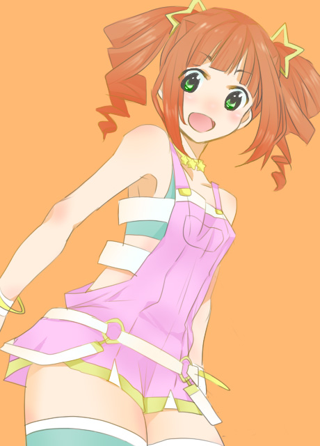 bad_id bad_pixiv_id bracelet brown_hair green_eyes idolmaster idolmaster_(classic) jewelry overalls simple_background smile solo takatsuki_yayoi twintails