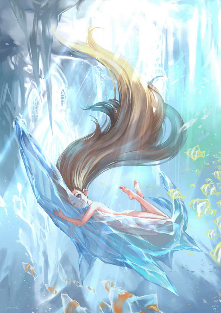 :d absurdly_long_hair aqua bad_id bad_pixiv_id barefoot blue_eyes brown_hair feet fish floating_hair freediving ice legs_up light_rays long_hair nude observerz one_eye_closed open_mouth original see-through signature skinny_dipping smile solo sunbeam sunlight swimming underwater very_long_hair